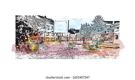 Building view with landmark of Oradea is a city in northwest Romania, split by the Crisul Repede River. Watercolor splash with Hand drawn sketch illustration in vector.