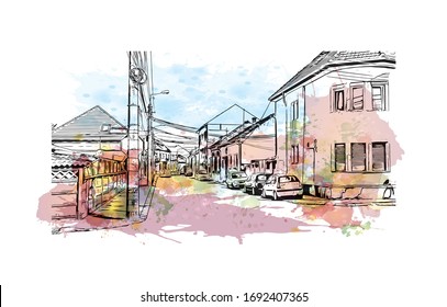 Building view with landmark of Oradea is a city in northwest Romania, split by the Crisul Repede River. Watercolor splash with Hand drawn sketch illustration in vector.