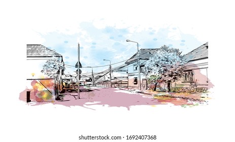 Building view with landmark of Oradea is a city in northwest Romania, split by the Crisul Repede River. Watercolor splash with Hand drawn sketch illustration in vector.