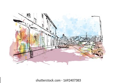 Building view with landmark of Oradea is a city in northwest Romania, split by the Crisul Repede River. Watercolor splash with Hand drawn sketch illustration in vector.