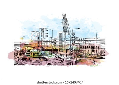 Building view with landmark of Oradea is a city in northwest Romania, split by the Crisul Repede River. Watercolor splash with Hand drawn sketch illustration in vector.