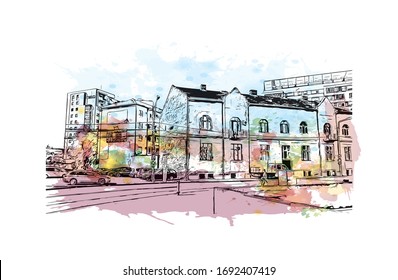 Building view with landmark of Oradea is a city in northwest Romania, split by the Crisul Repede River. Watercolor splash with Hand drawn sketch illustration in vector.