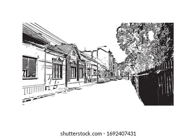 Building view with landmark of Oradea is a city in northwest Romania, split by the Crisul Repede River. Hand drawn sketch illustration in vector.
