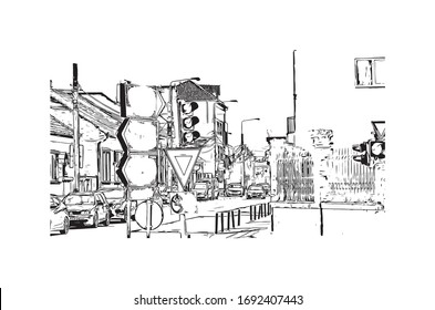 Vista de edificio con punto de referencia de Oradea es una ciudad en el noroeste de Rumania, dividida por el río Crisul Repede. Dibujo dibujado a mano en vector.