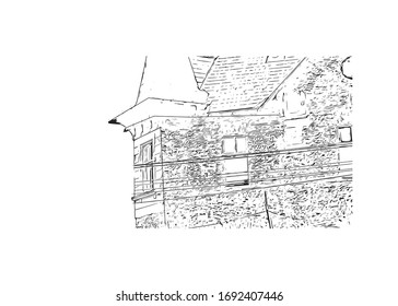 Building view with landmark of Oradea is a city in northwest Romania, split by the Crisul Repede River. Hand drawn sketch illustration in vector.