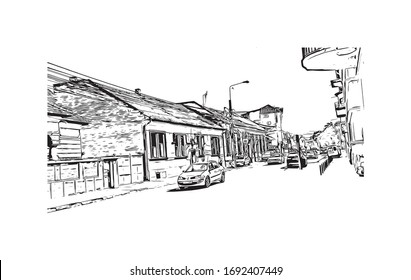 Building view with landmark of Oradea is a city in northwest Romania, split by the Crisul Repede River. Hand drawn sketch illustration in vector.