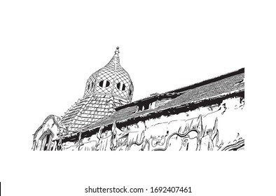 Vista de edificio con punto de referencia de Oradea es una ciudad en el noroeste de Rumania, dividida por el río Crisul Repede. Dibujo dibujado a mano en vector.