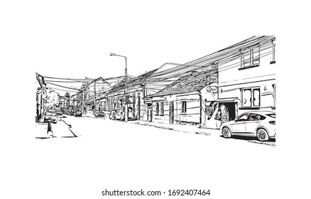 Building view with landmark of Oradea is a city in northwest Romania, split by the Crisul Repede River. Hand drawn sketch illustration in vector.