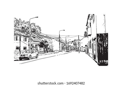 Vista de edificio con punto de referencia de Oradea es una ciudad en el noroeste de Rumania, dividida por el río Crisul Repede. Dibujo dibujado a mano en vector.