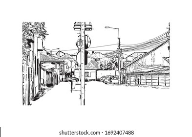 Building view with landmark of Oradea is a city in northwest Romania, split by the Crisul Repede River. Hand drawn sketch illustration in vector.
