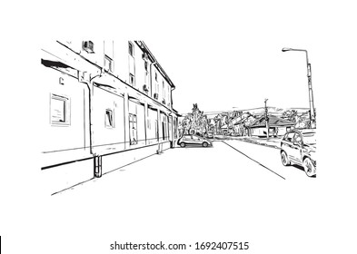 Building view with landmark of Oradea is a city in northwest Romania, split by the Crisul Repede River. Hand drawn sketch illustration in vector.