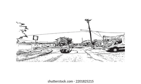 Building view with landmark of Oranjestad is the 
capital of Aruba. Hand drawn sketch illustration in vector.