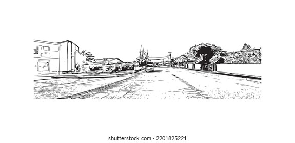 Building view with landmark of Oranjestad is the 
capital of Aruba. Hand drawn sketch illustration in vector.