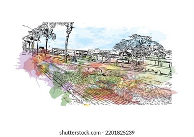 Building view with landmark of Oranjestad is the 
capital of Aruba. Watercolor splash with hand drawn sketch illustration in vector.