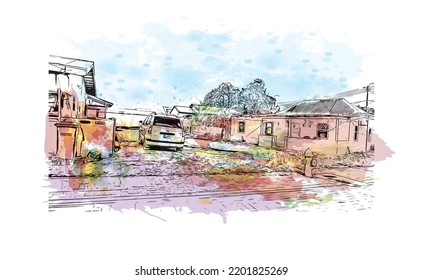 Building view with landmark of Oranjestad is the 
capital of Aruba. Watercolor splash with hand drawn sketch illustration in vector.