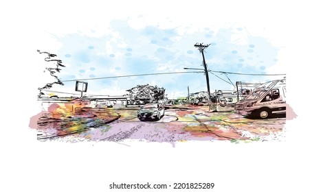 Building view with landmark of Oranjestad is the 
capital of Aruba. Watercolor splash with hand drawn sketch illustration in vector.