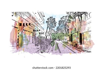 Building view with landmark of Oranjestad is the 
capital of Aruba. Watercolor splash with hand drawn sketch illustration in vector.