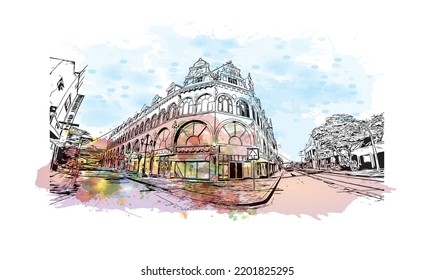 Building view with landmark of Oranjestad is the 
capital of Aruba. Watercolor splash with hand drawn sketch illustration in vector.