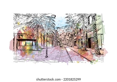Building view with landmark of Oranjestad is the 
capital of Aruba. Watercolor splash with hand drawn sketch illustration in vector.