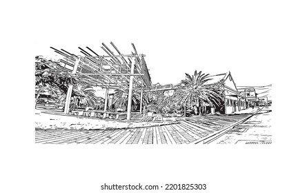Building view with landmark of Oranjestad is the 
capital of Aruba. Hand drawn sketch illustration in vector.