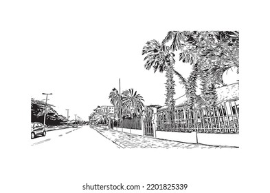 Building view with landmark of Oranjestad is the 
capital of Aruba. Hand drawn sketch illustration in vector.