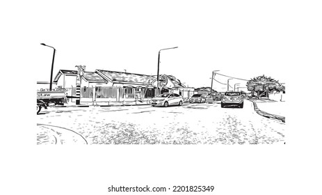 Building view with landmark of Oranjestad is the 
capital of Aruba. Hand drawn sketch illustration in vector.