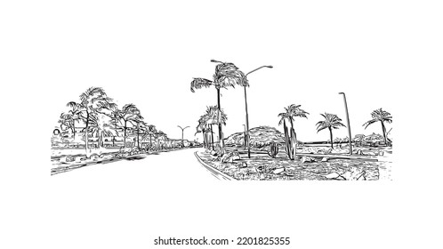 Building view with landmark of Oranjestad is the 
capital of Aruba. Hand drawn sketch illustration in vector.