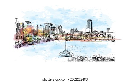 Building view with landmark of Orlando is the 
city in Florida. Watercolor splash with hand drawn sketch illustration in vector.