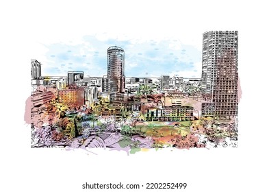 Building view with landmark of Orlando is the 
city in Florida. Watercolor splash with hand drawn sketch illustration in vector.