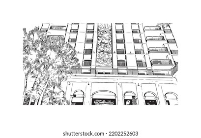 Building view with landmark of Orlando is the 
city in Florida. Hand drawn sketch illustration in vector.