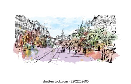 Building view with landmark of Orlando is the 
city in Florida. Watercolor splash with hand drawn sketch illustration in vector.