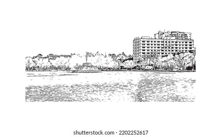 Building view with landmark of Orlando is the 
city in Florida. Hand drawn sketch illustration in vector.