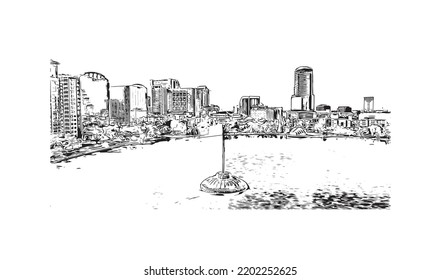 Building view with landmark of Orlando is the 
city in Florida. Hand drawn sketch illustration in vector.