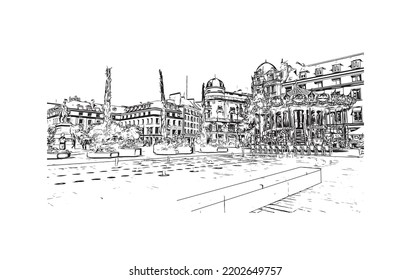 Building view with landmark of Orleans is the 
city in France. Hand drawn sketch illustration in vector.