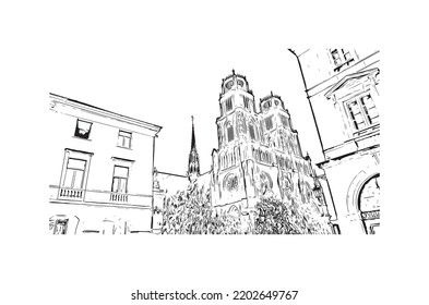 Building view with landmark of Orleans is the 
city in France. Hand drawn sketch illustration in vector.