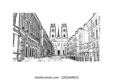 Building view with landmark of Orleans is the 
city in France. Hand drawn sketch illustration in vector.