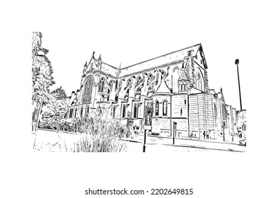 Building view with landmark of Orleans is the 
city in France. Hand drawn sketch illustration in vector.