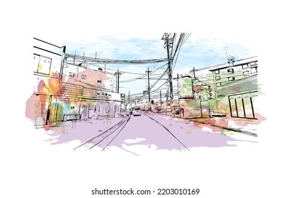 Building view with landmark of Osaka is the 
city in Japan. Watercolor splash with hand drawn sketch illustration in vector.
