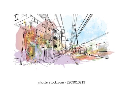 Building view with landmark of Osaka is the 
city in Japan. Watercolor splash with hand drawn sketch illustration in vector.