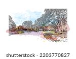 Building view with landmark of Oshkosh is the 
city in Wisconsin. Watercolor splash with hand drawn sketch illustration in vector.