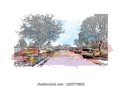 Building view with landmark of Oshkosh is the 
city in Wisconsin. Watercolor splash with hand drawn sketch illustration in vector.