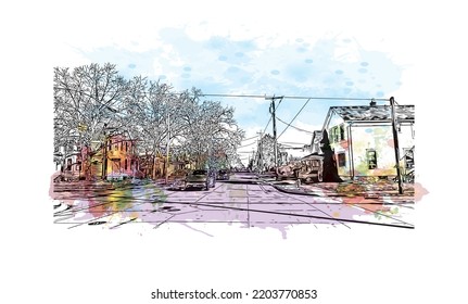 Building view with landmark of Oshkosh is the 
city in Wisconsin. Watercolor splash with hand drawn sketch illustration in vector.