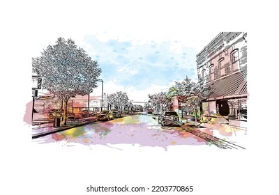 Building view with landmark of Oshkosh is the 
city in Wisconsin. Watercolor splash with hand drawn sketch illustration in vector.