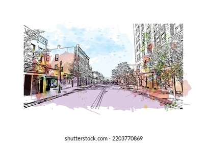 Building view with landmark of Oshkosh is the 
city in Wisconsin. Watercolor splash with hand drawn sketch illustration in vector.