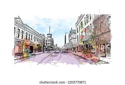 Building view with landmark of Oshkosh is the 
city in Wisconsin. Watercolor splash with hand drawn sketch illustration in vector.