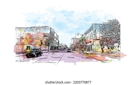 Building view with landmark of Oshkosh is the 
city in Wisconsin. Watercolor splash with hand drawn sketch illustration in vector.