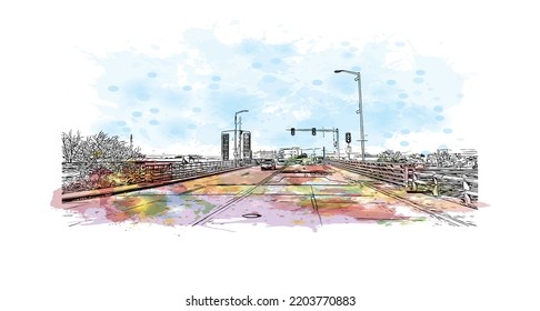 Building view with landmark of Oshkosh is the 
city in Wisconsin. Watercolor splash with hand drawn sketch illustration in vector.
