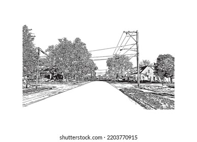 Building view with landmark of Oshkosh is the 
city in Wisconsin. Hand drawn sketch illustration in vector.