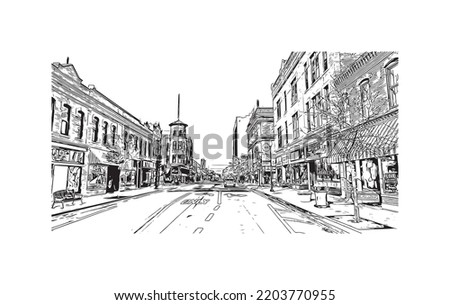 Building view with landmark of Oshkosh is the 
city in Wisconsin. Hand drawn sketch illustration in vector.