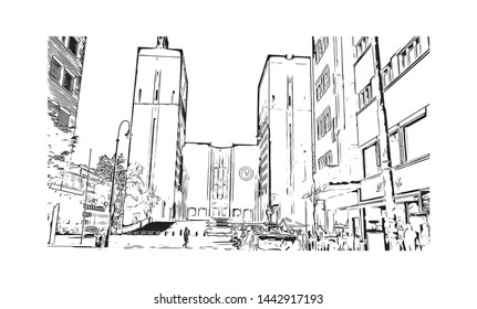 Building view with landmark of Oslo, the capital of Norway, sits on the country’s southern coast at the head of the Oslofjord. Hand drawn sketch illustration in vector.